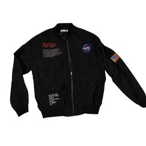 NWOT Graphic NASA Bomber Jacket Black Reflective Shell US Flag Patch Mens XL
